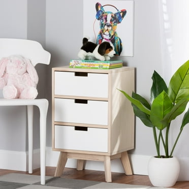 Baxton Studio Halian Mid-Century Modern Two-Tone White and Light Brown Finished Wood 3-Drawer End Table