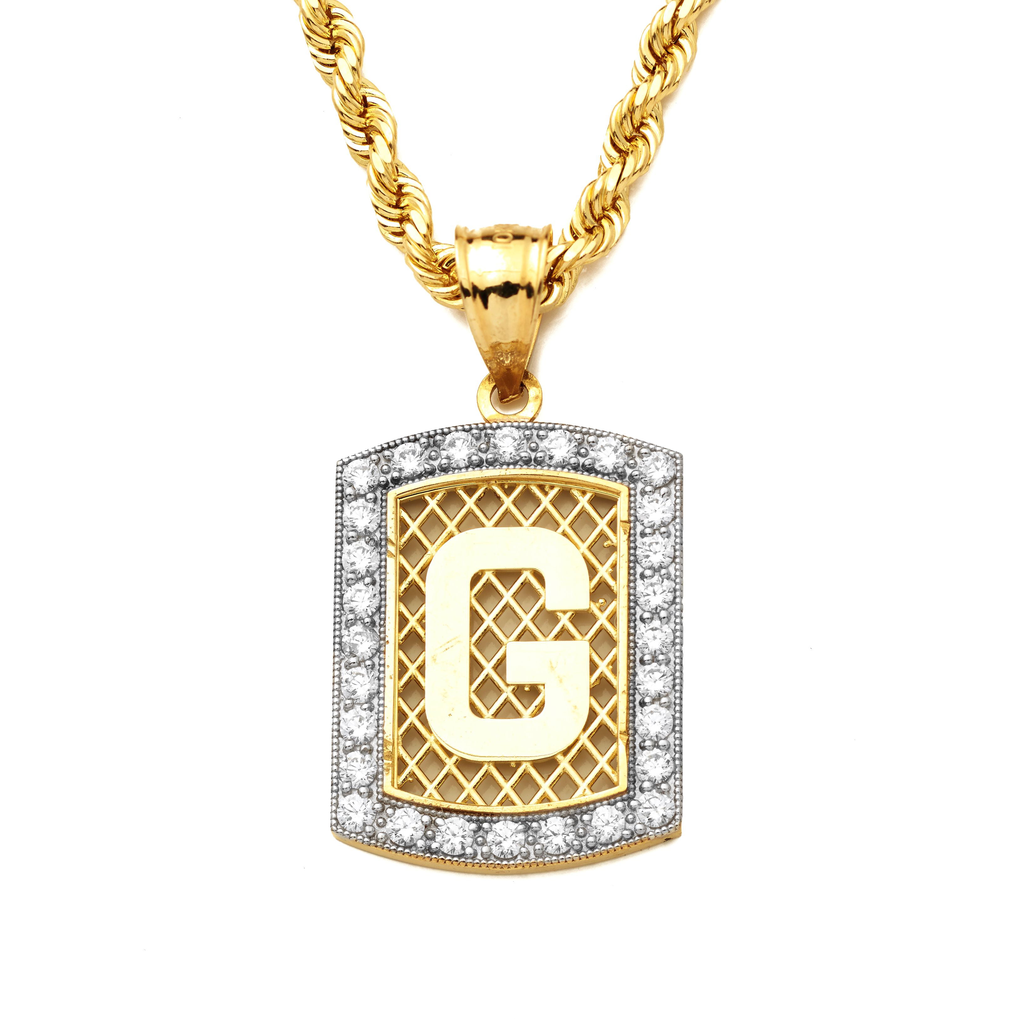 10K Yellow Gold Dog Tag Initials Charm Pendant w/CZ Border (Available from A-Z) (G)