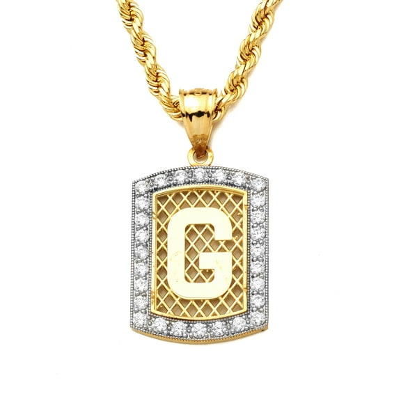 10K Yellow Gold Dog Tag Initials Charm Pendant w/CZ Border (Available from A-Z) (G)