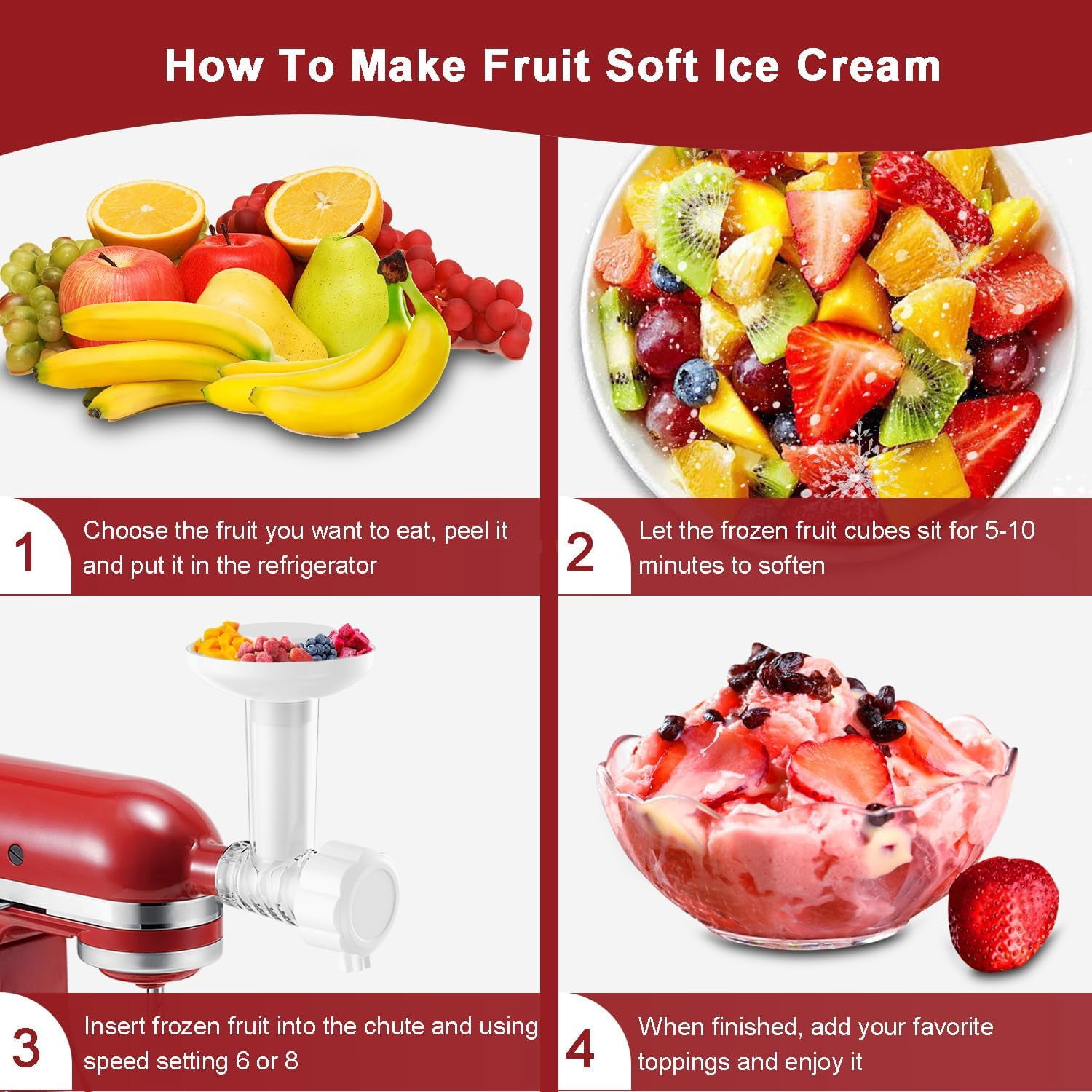 EP Ice Cream Maker Attachment for KitchenAid Stand Mixers, Dairy Free Frozen Fruit Soft Serve Ice Cream Machine Compatible with KitchenAid and Cuisinart, for Making Yogurt/Natural Desserts/Gelato