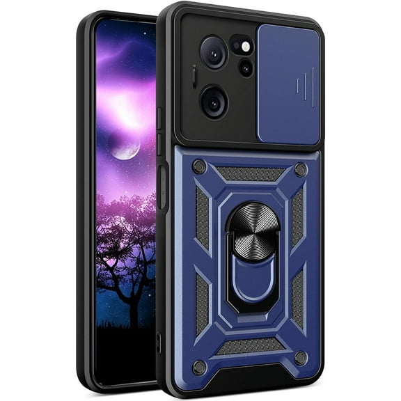 for Xiaomi 13T Case with Slide Camera Cover for Men, Military Grade Drop Phone Cover Case with Rotate Ring Kickstand for Xiaomi 13T / Xiaomi 13T Pro SJ Blue