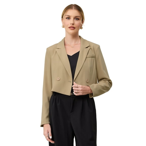 DARING DIVA Women's Cropped Blazers Double Breasted Work Suit Jacket S Khaki