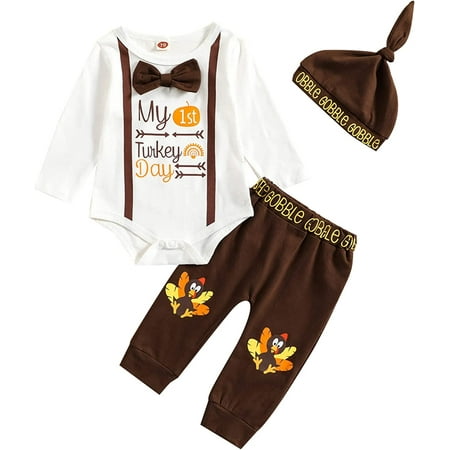 

PIKADINGNIS Infant Baby Boys Thanksgiving Outfit Letter Print Long Sleeve Romper Turkey Elastic Waist Pants Hat 3PCS Clothes Set