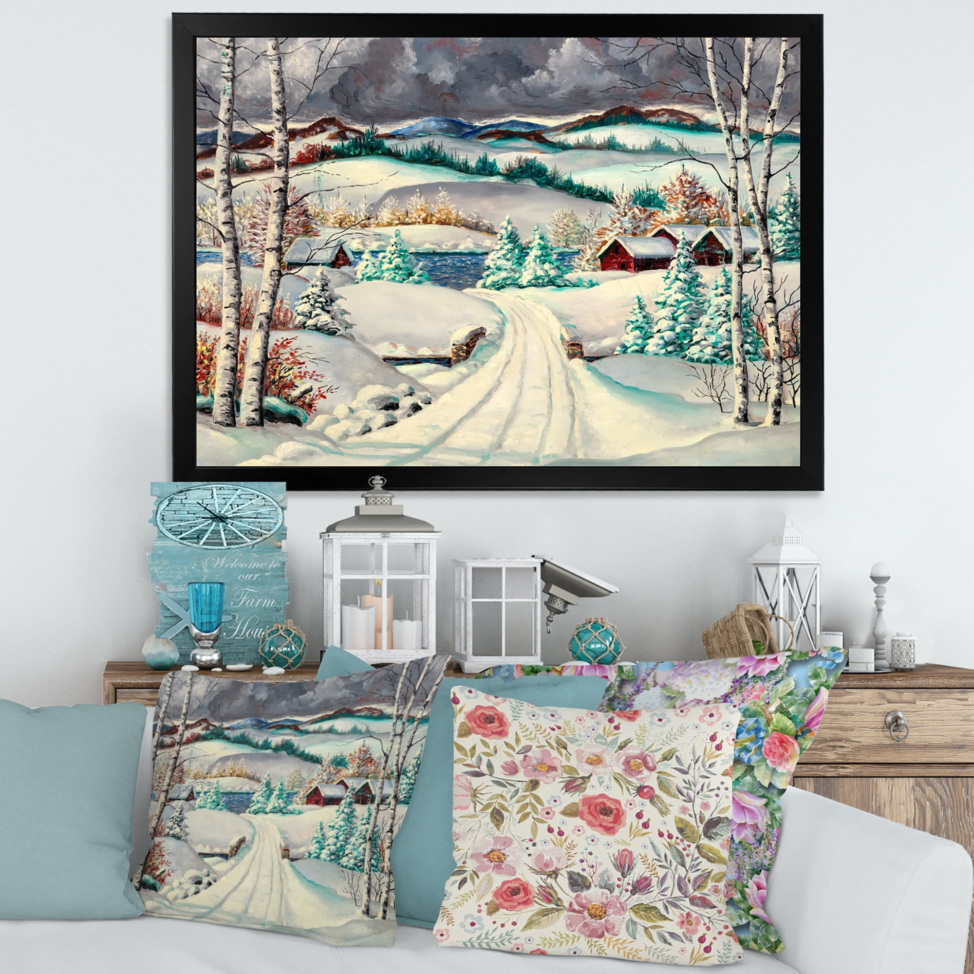 Designart 'Snowy Road In Countryside Winter Landscape' Traditional Framed Art Print