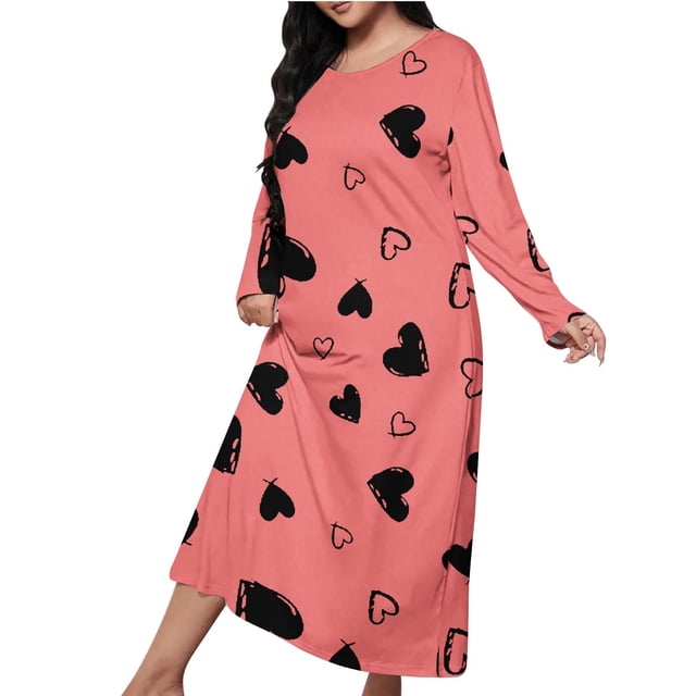 Chemises de Nuit Oversize pour Femmes, Douces et Confortables, Robe de Pyjama à Manches Longues, Mignonne Imprimée, Maxi Ample, Grande Taille (Red1#, S)