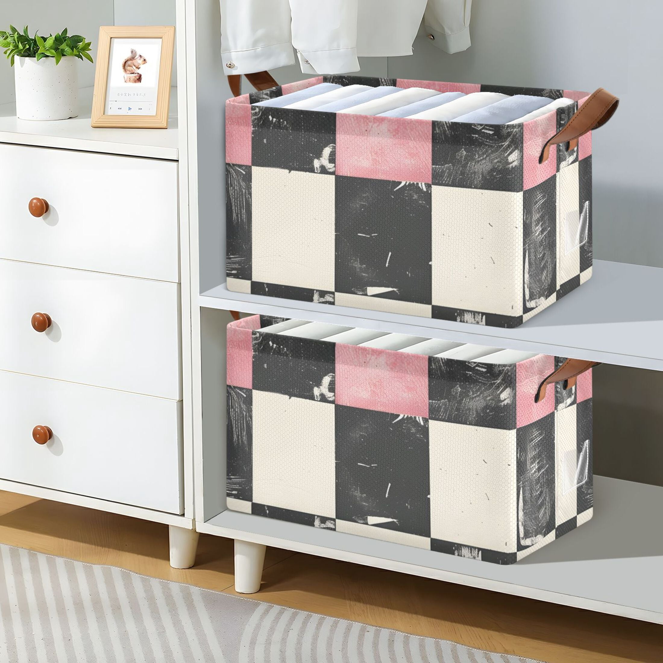 Ryvnso Pink and Black Checkered Pattern Storage Bins Large Basket Foldable Cube Toys Organizer with Handles 2 PCs
