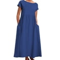thumbnail image 2 of Tshirt Dress Women Cotton Linen Lightweight Short Sleeve Crewneck Loose Fit Smocked Flowy Maxi Dress with Side Pockets, 2 of 5