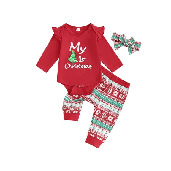Baby Girl My 1st Christmas Outfits Letter Long Sleeve Romper Tops Bell Bottom Pants Headband 3 Pcs Clothes Set