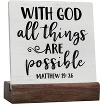 Ceramic Sign 4x4 Inch Biblical Inspiration Desk Sign Decor With God All Things Are Possible Plaque Sign with Wooden Stand Rustic Home Bedroom Living Room Shelf Decoration Gift For Women Men