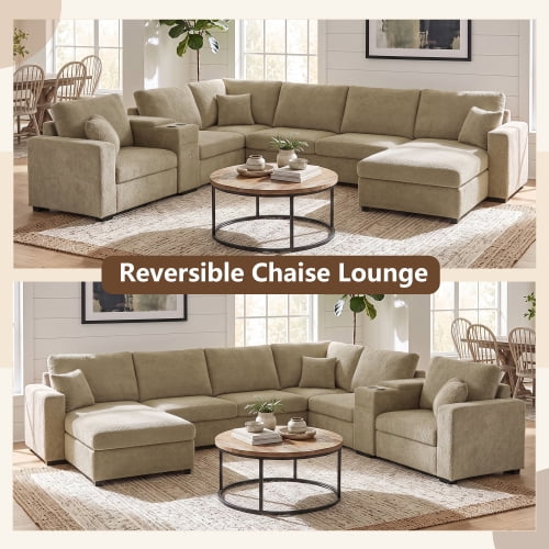134" U-Shape Modular Sectional Sofa, 5-Seat Couch with Chaise Lounge, Deep Seat, Built-In Cup Holders, Storage Drawer and Pillows, Brown