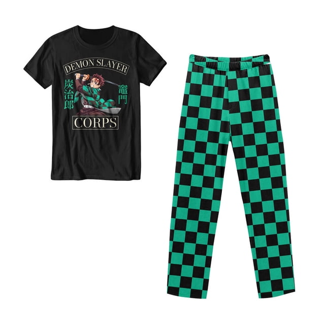 Pijama Demon Slayer para Hombre, Cuello Redondo Manga Corta con Pantalon Negro Talla M