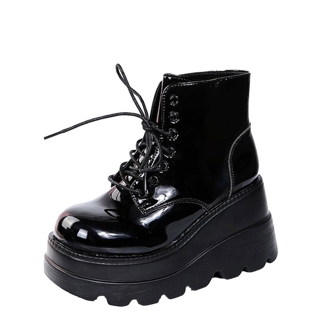 CEHVOM Chaussures pour Femmes Mode Bout Rond Talon Compensé Bas Lacets Cuir Verni Bottes Brillantes