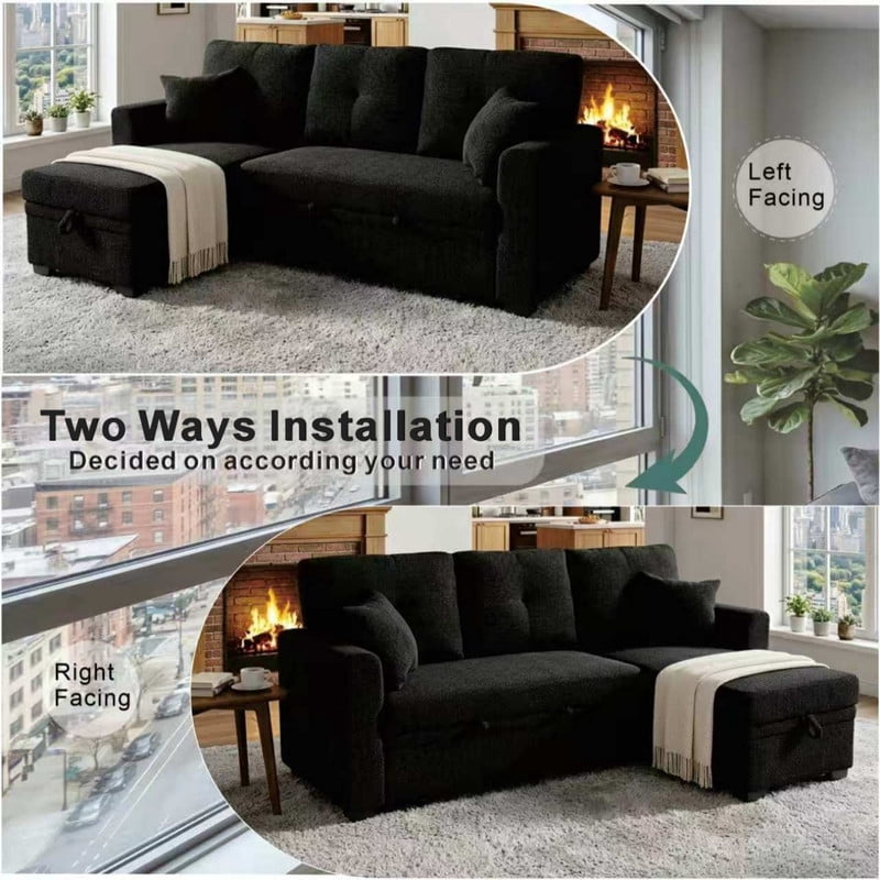 Convertible Sleeper Sectional Sofa with Pull-Out Bed & Reversible Chaise, Loveseat Couch with Hidden Storage for Small Spaces