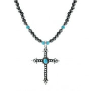 Burnished Silver Navajo Pearl look Necklace with Cross, 16"   3"