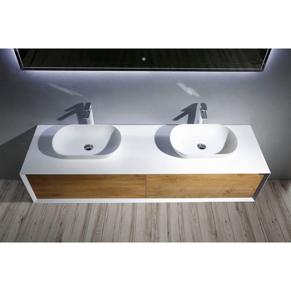 Alma Fiona 72″ Natural Wood Finish Wall Mount Vanity With Two Vessel Sinks