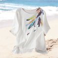 thumbnail image 6 of Women's Crinkle Cotton Feather Print T-Shirt Casual Round Neck Short Sleeve Boho Blouse Top, 6 of 7