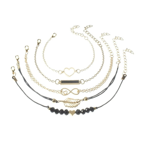 Fiaya Women Women's Bracelets Jewelry, 5pcs Boho Jewelry Bracelets Chain, Elegant Women's Black Bead Heart-Shaped Bracelet Set