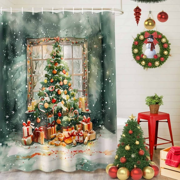 Shower Curtain Bathroom Set Christmas Tree Retro Farmhouse Green Gradient Waterproof Fabric Shower Curtains with Grommets&Hooks Winter Snowflakes Privacy Bath Curtain for Bathtub 36x72in
