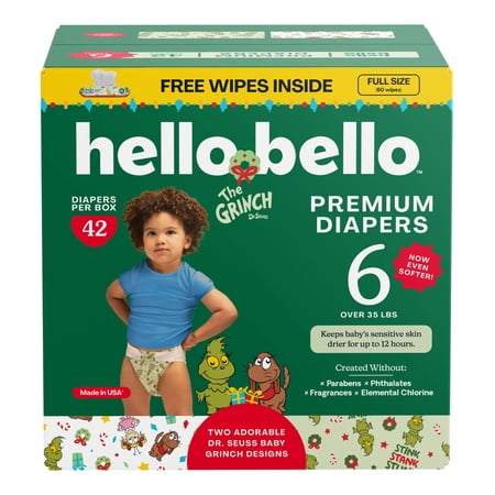Hello Bello Premium Baby Grinch Diapers Club Box with Bonus Wipes - Size 6, 42 Count