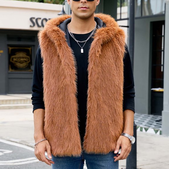 COSFO Casual Vests for Men Orange Faux Fur Warm Hooded Outerwear Open Front Loose Fit Sleeveless Mens Winter Jacket
