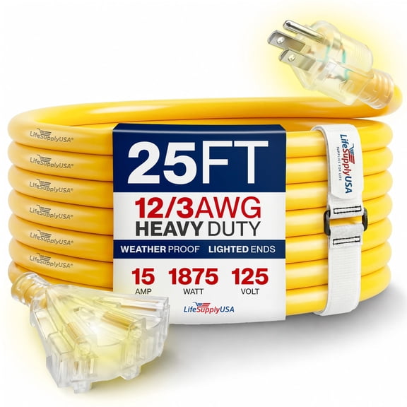 25ft Outdoor/Indoor Extension Cord 3-Outlet 12/3 Gauge Extra Heavy Duty 3 Prong SJTW, Waterproof, Flexible Cold-Resistant Long Power Cord,15A 125V 1875W, Yellow by LifeSupplyUSA