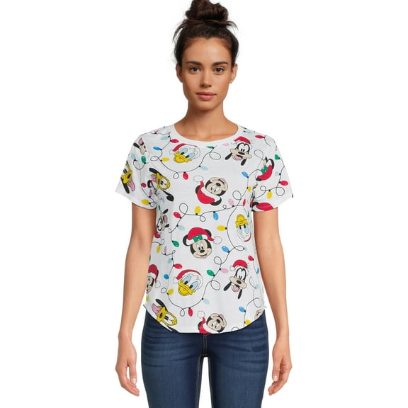 Disney Mickey and Friends Women's Juniors Short Sleeve Christmas Graphic Tee