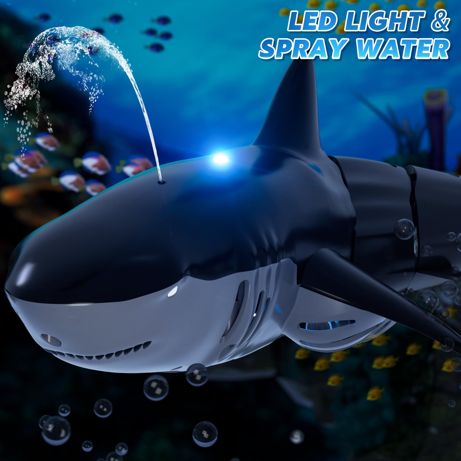 1:18 Scale Remote Control Shark Toy with Water Spray and Light for Pool, 2.4GHz RC Boat Water Toy for Boys Girls Kids