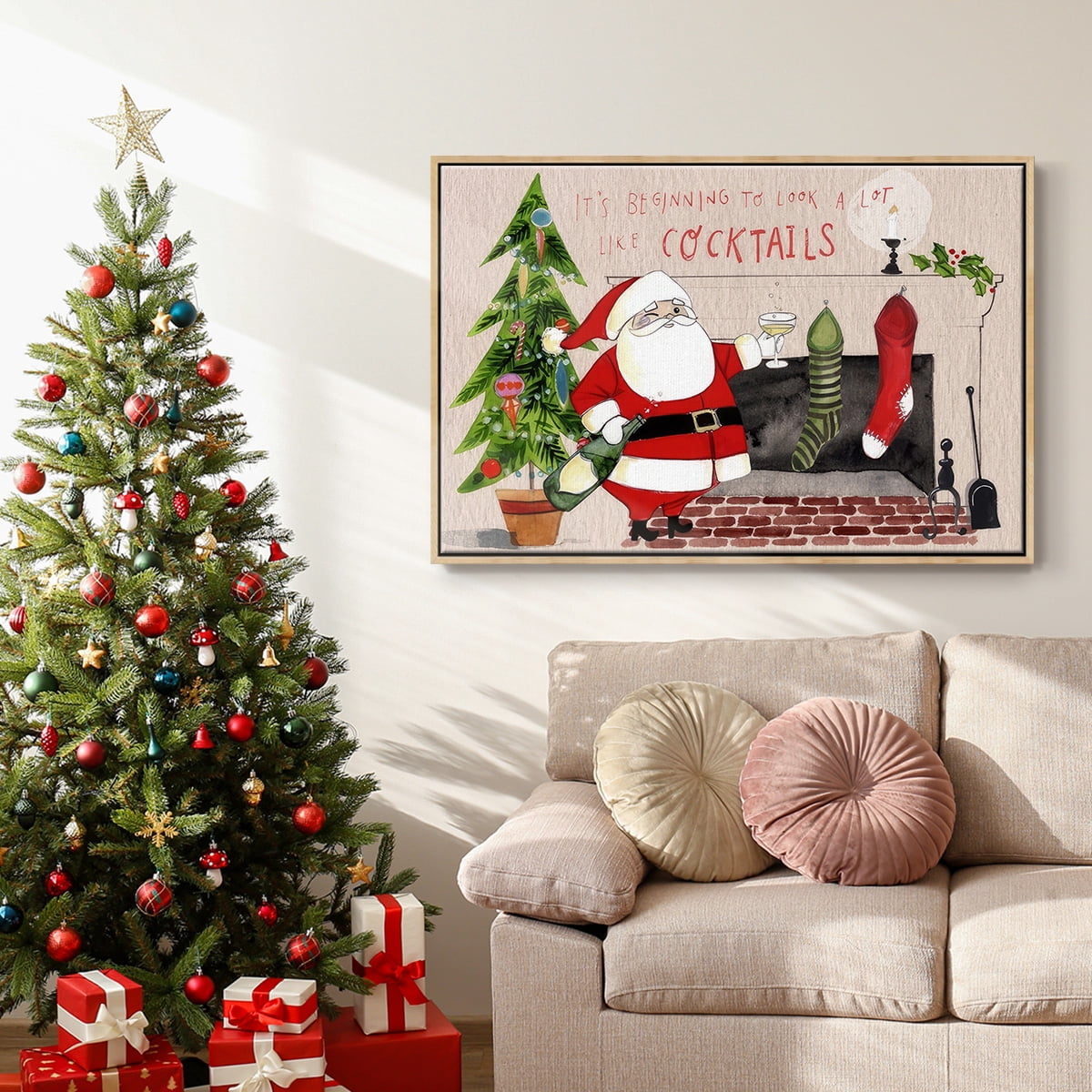 Get Blitzened Collection A - Framed Gallery Wrapped Holiday Canvas - 17 x 25 - Natural Wood Frame
