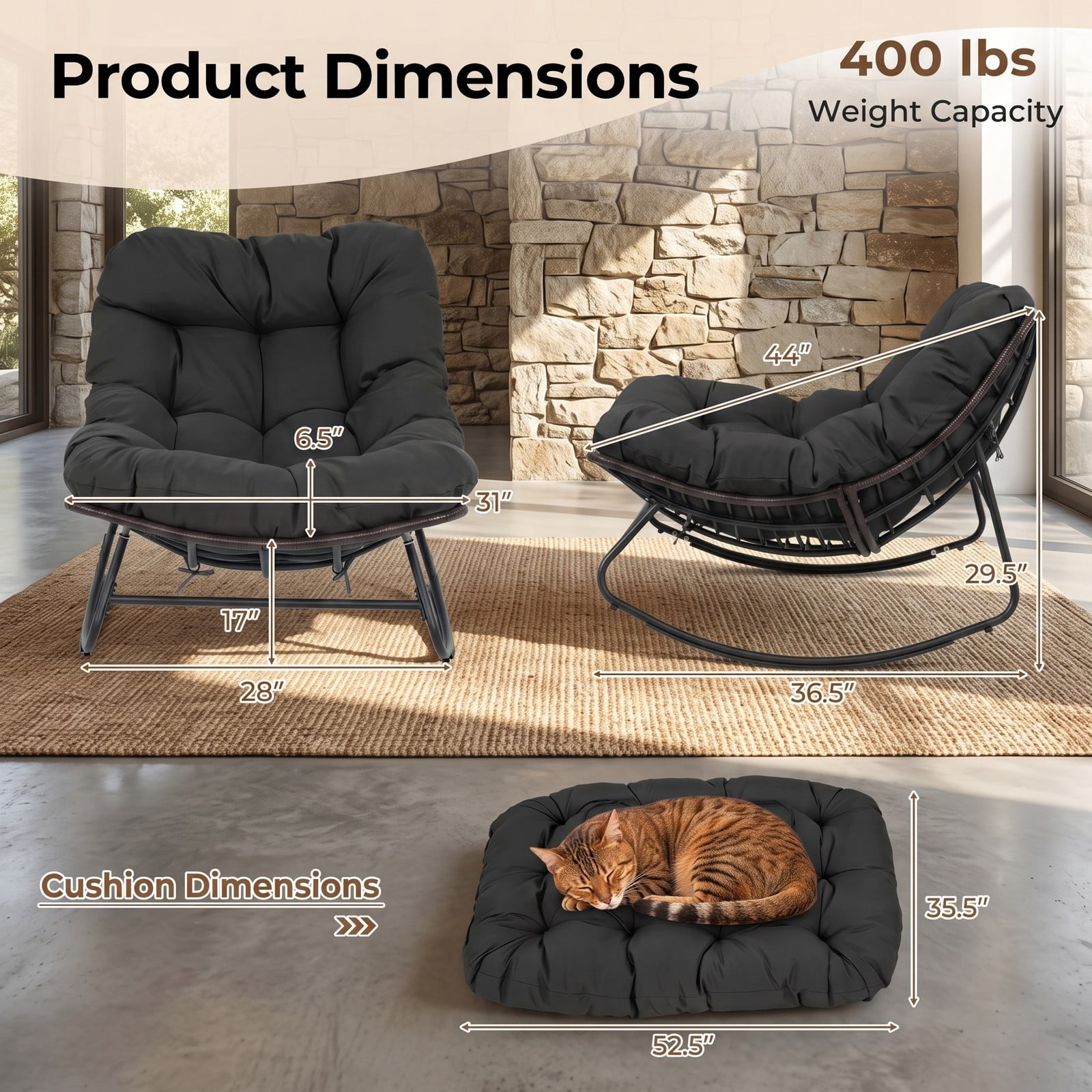 Furnibear Outdoor Papasan Rocking Chair, Egg-Shaped PE Rattan Wicker Glider Rocker with Thick Removable Cushion and Non-Slip Pads for Patio Porch Backyard, 400, Black