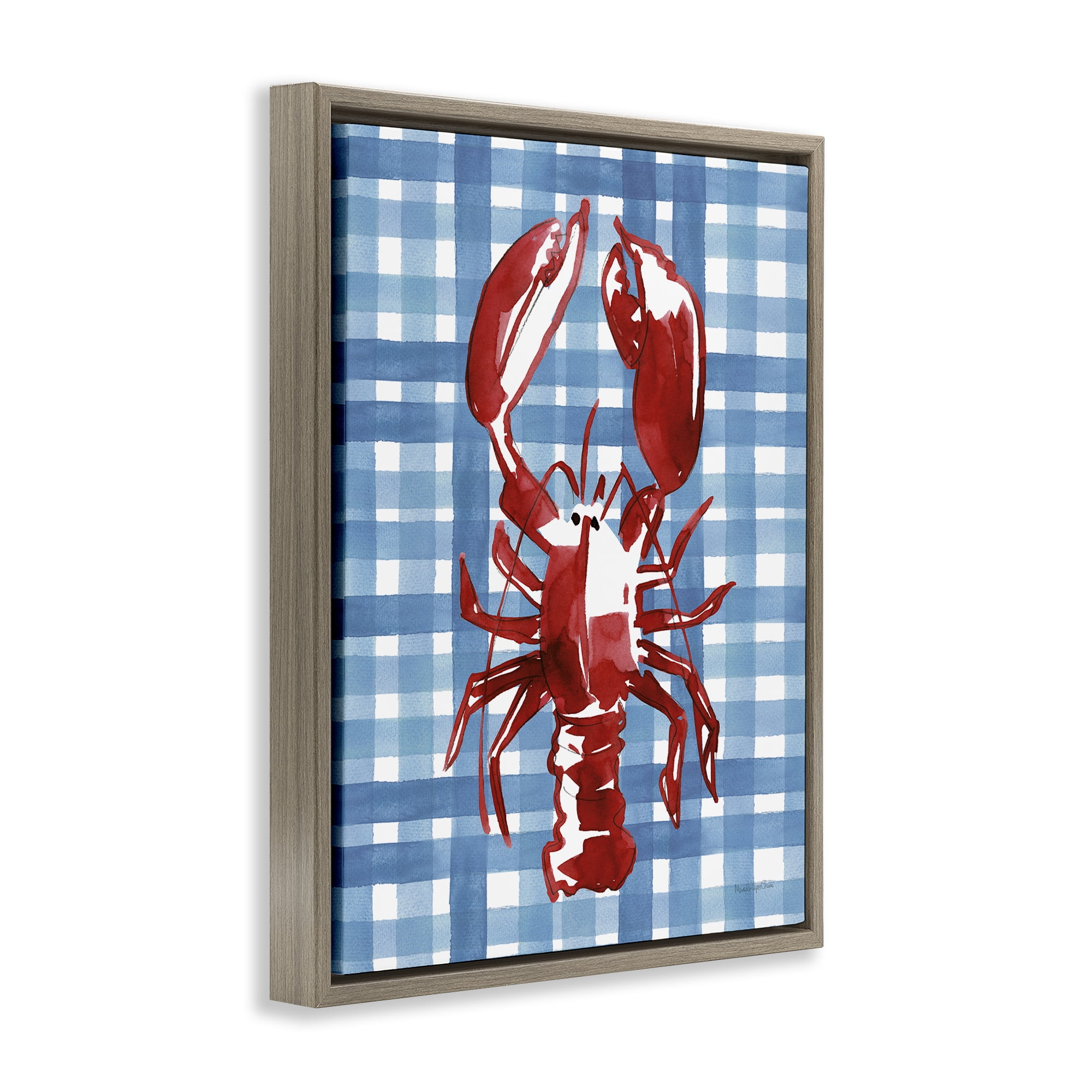 Stupell Industries Coastal Lobster on Plaid Animals Painting Brown Floater Framed Canvas Art Print Wall Art, 25 x 31