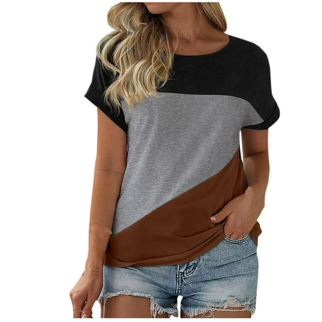Blouses pour Femmes, Haut à Col Rond à Manches Courtes et à Blocs de Couleur pour Femmes