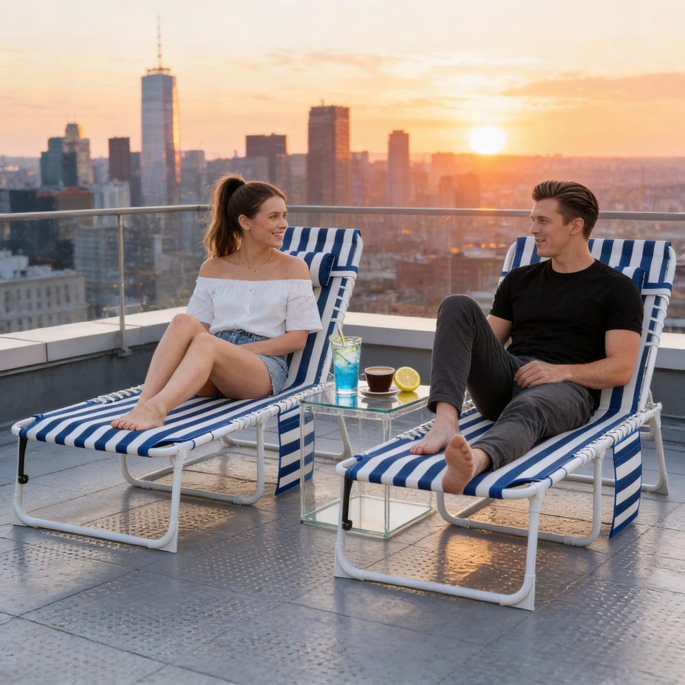 4-Piece Outdoor Lounge Set 2 Patio Loungers & 2 Folding Side Tables 5-Position Adjustable Backrest Face & Arm Holes 600D Oxford Fabric Pool Beach Chairs with Carry Strap