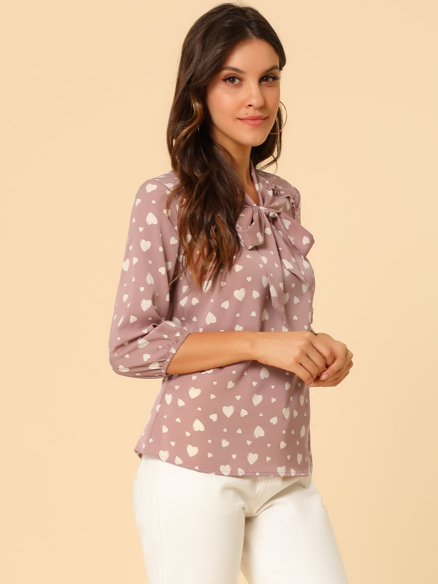 DARING DIVA Ruffle Shoulder Elastic Cuff Bow Tie Neck Blouse L Dusty Pink