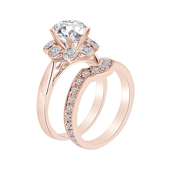 AFFY 0.63 Carat Round Shape White Natural Diamond Semi Mount Halo Wedding Ring Set 18K Solid Rose Gold Ring Size-5.5