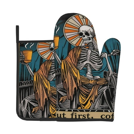 

Lukts Coffee-Drinking Skull Print Kitchen Heat-Resistant Gloves and Spacers 2pcs Set Suitable for Baking and Cooking