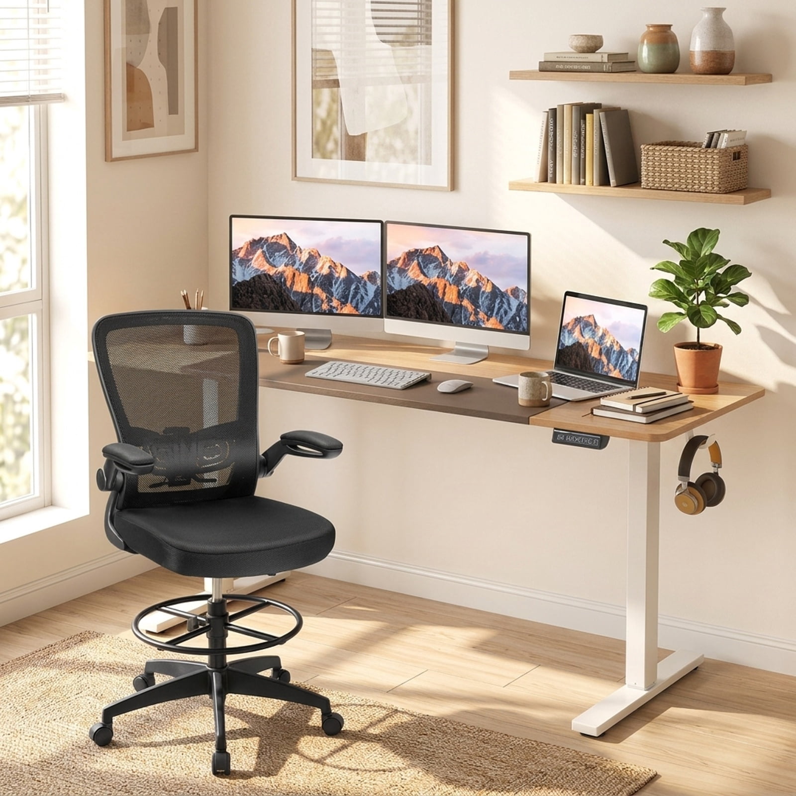 Furnibear 63 x 24 Inch Height Adjustable Sit Stand Computer Desk with 3 Memory Presets for Home Office Study Computer Writing Workstation, Natural