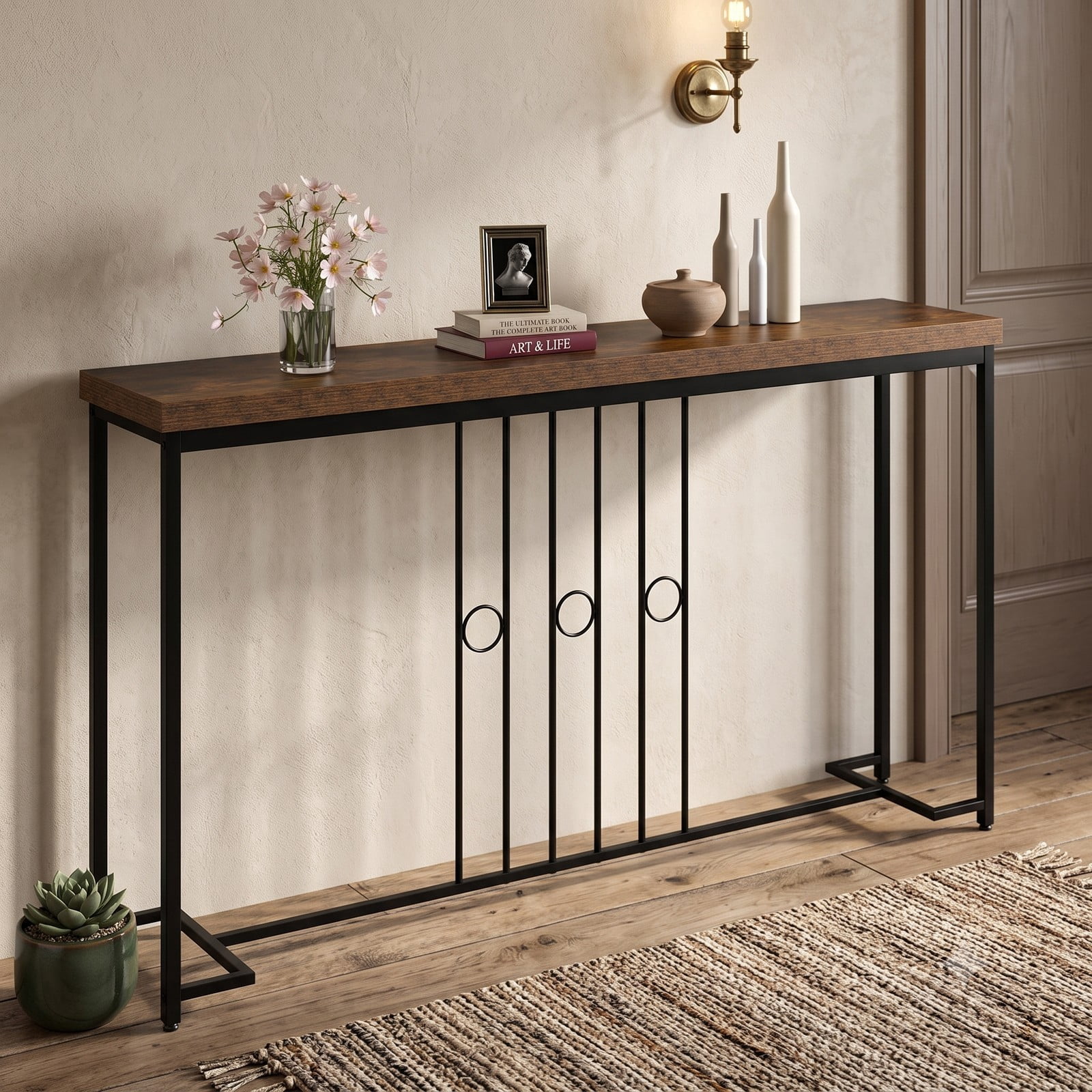 Furnibear 55 Inch Industrial Console Table with Spacious Wood Tabletop and H-Shaped Metal Base for Entryway and Living Room, Brown