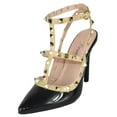 thumbnail image 2 of Forever Shoes Women Stiletto High Heels Pointy Toe Studded Pumps Ankle Strap Two Tone Biege Gold Accent STUDS-03 Black 7.5, 2 of 4