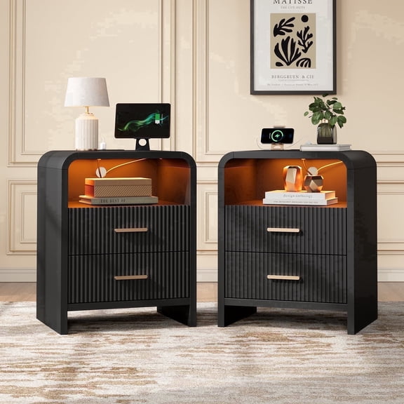 Hujauu Fluted Nightstand Set of 2 with Charging Station, Modern LED Wood Bedside Table with 2 Drawers, Curved End Table with Open Shelf, Black