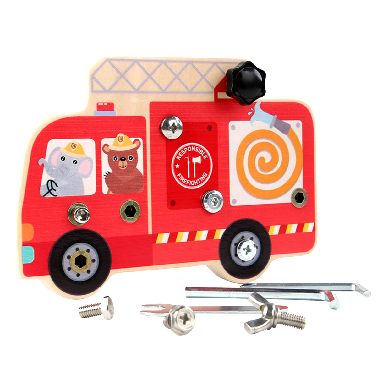 Toorise Toddler Montessori Busy Board Wooden Fire Truck Board Portable Screw Board Toy Children