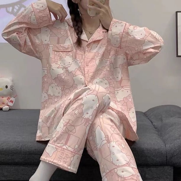 Sanrio-Conjunto de pijama de Hello Kitty para mujer, ropa de dormir informal de manga larga con dibujos animados, color rosa, 2 piezas, para primavera y otoño