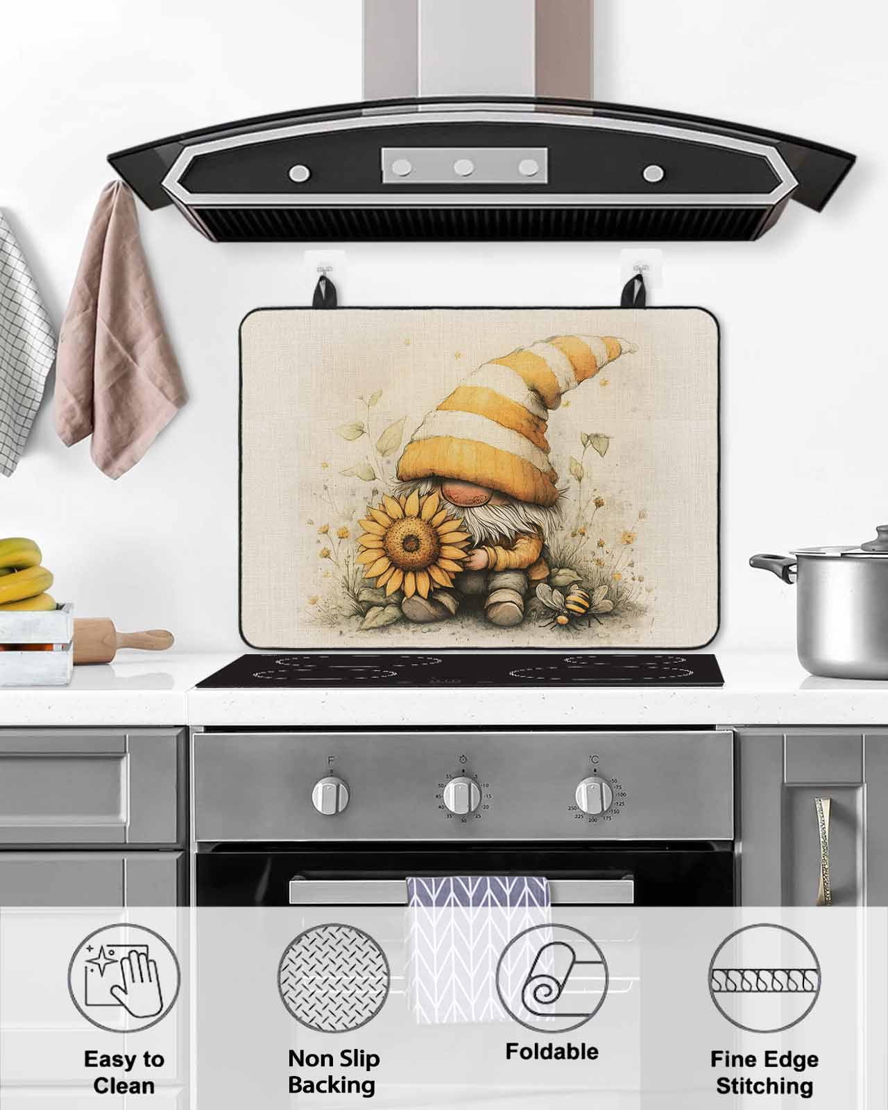 nqOlkjepod Large Induction Cooktop Protector Mat 28.5"x20.5", Yellow Gnomes Stove Top Covers for Electric Stove, Sunflower Botanical Line Retro Pastoral Stove Burner Cover Mats Stove Cover
