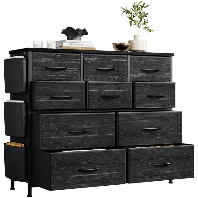 Commode en Tissu à 10 Tiroirs avec Poches Latérales et Crochets, Commode pour Chambre, Garde-Robe, Gris