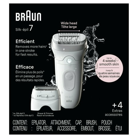 Braun Silk-épil 7 Epilator, Wet and Dry, Wide Head, Includes Shaver Head and Trimmer Comb - White/Grey/Silver