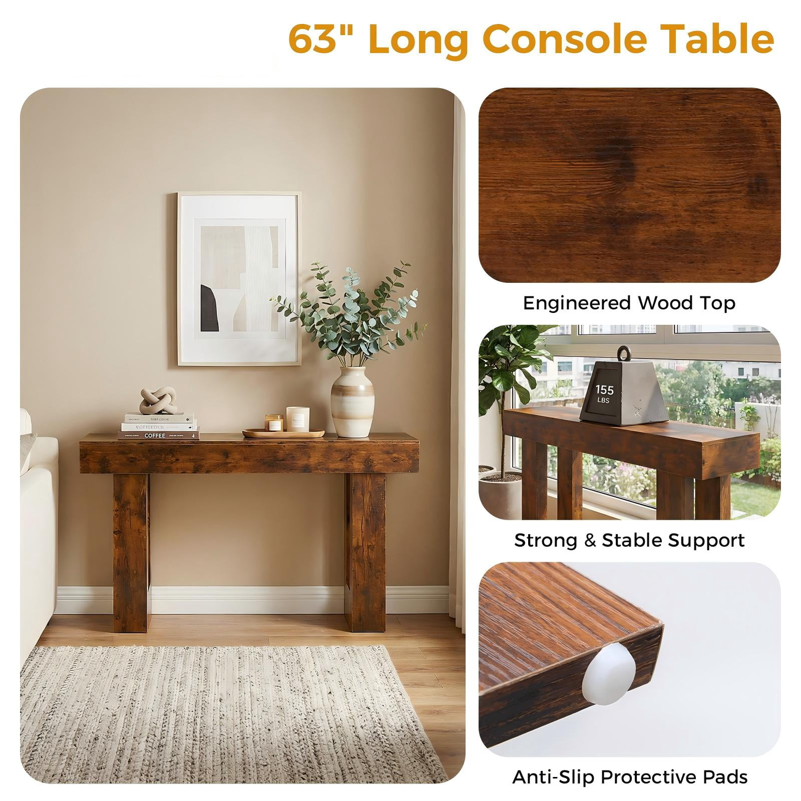 CONCETTA 63-inch Long Console Table, Wooden Farmhouse Sofa Table Behind Couch, Entryway for Hallway, Living Room, Brown