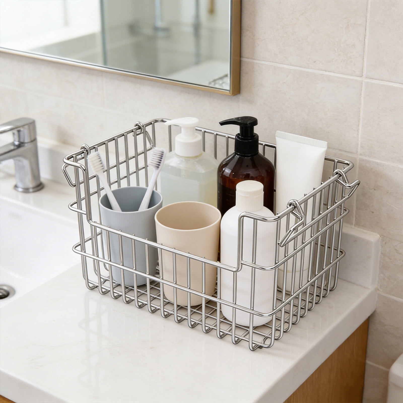 Cadancy Stainless Steel Storage Basket Stackable Wire Organizer Bin Rustproof Metal Container for Kitchen Cabinet Pantry Bathroom Countertop Dish Bowl Utensil Holder Home Organization