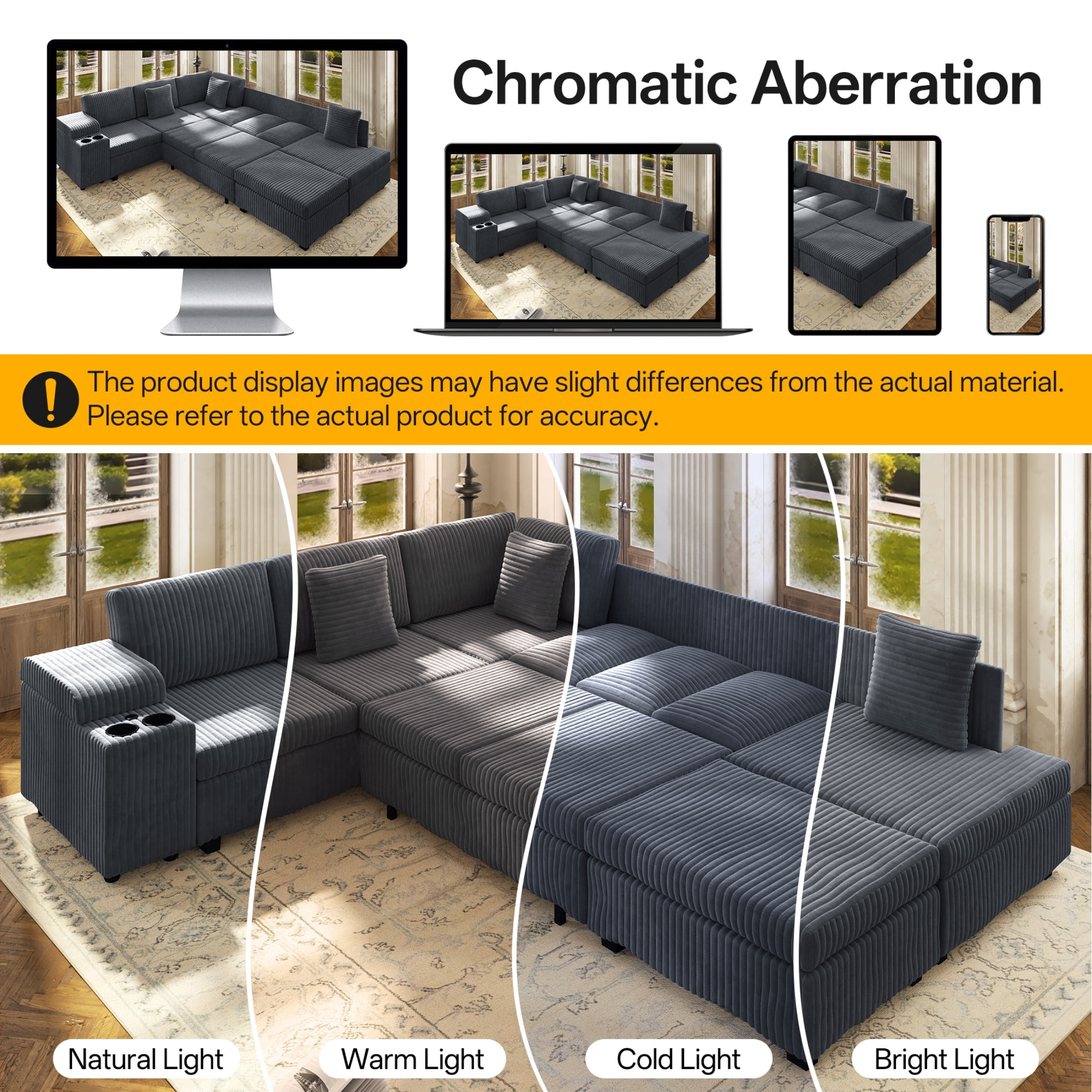 LLappuil 110" Sectional Sofa, Modular Sectional Couch Convertible Sofa Bed, 7 Seat Corduroy Sofa Couch with Movable Ottoman, Hidden Armrest Storage & USB Charging Ports Dark Gray