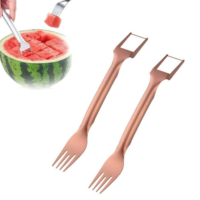 2 uds 2 en 1 cortador de frutas de acero inoxidable tenedores de sandía portátiles