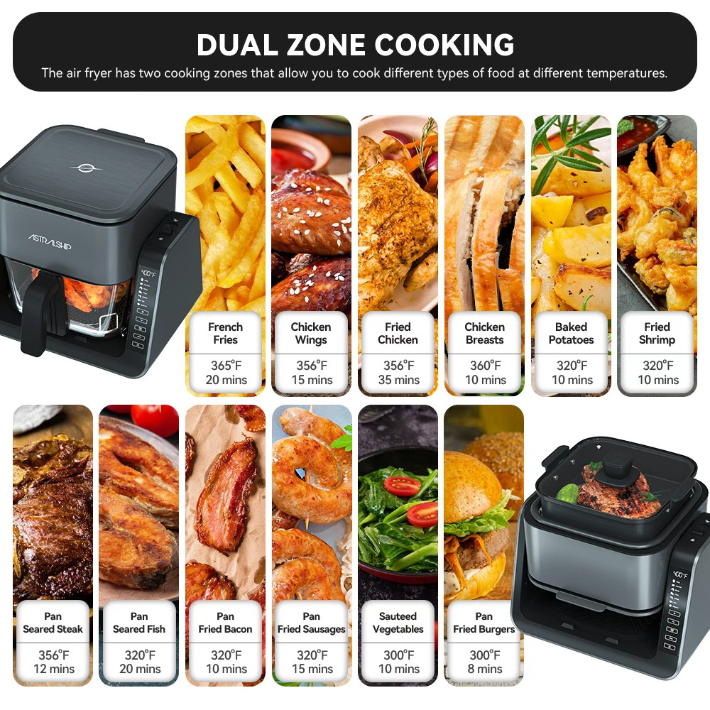 ASTRALSHIP Air Fryer for Countertop, 2‑in‑1 Glass Air Fryer & Grill Pan Combo, 4.2 QT + 1.3 QT, Air Fryer Non Toxic, Digital Presets, Healthy Cooking, Non‑Stick, Multi‑Function for Griddle & Baking