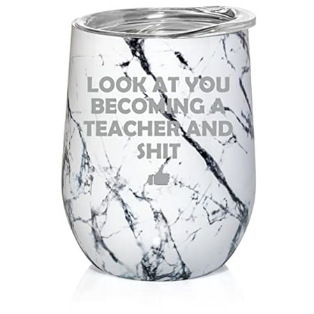 

12 oz Double Wall Vacuum Insulated Stainless Steel Stemless Wine Tumbler Glass Coffee Travel Mug With Lid Look At You Becoming A Teacher Funny (Black White Marble)